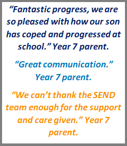 Quote box containing brief words from parents regarding SEND provision, such as "Fantastic Progress", and "Great Communication"